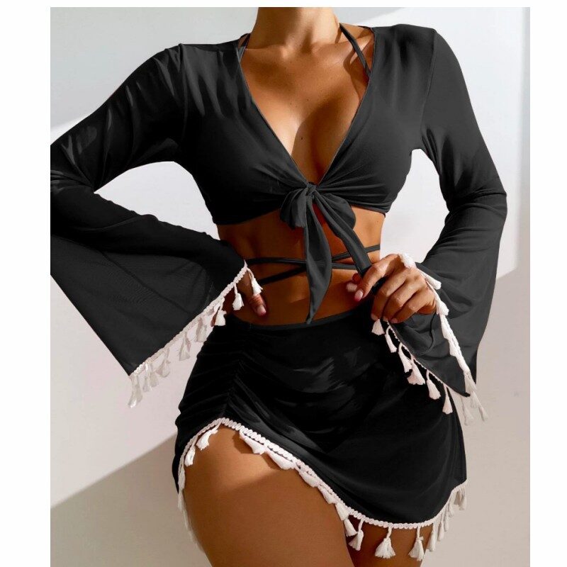 4pcs Solid Color Bikini With Short Skirt