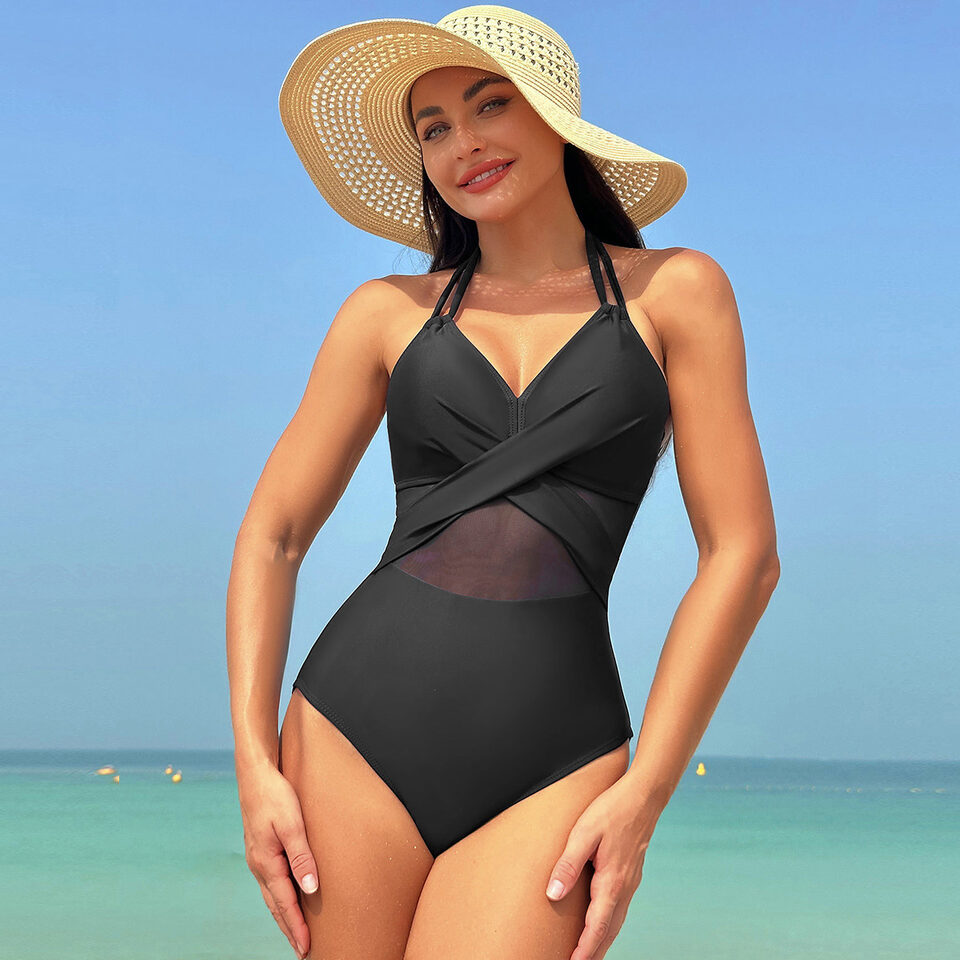 Halter-neck One-piece Swimsuit Summer Solid Color Cross-strap Design