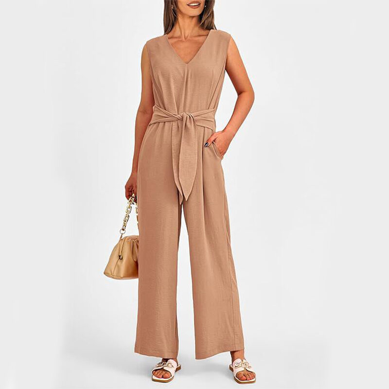 New V-neck Sleeveless Long Jumpsuit With Pockets