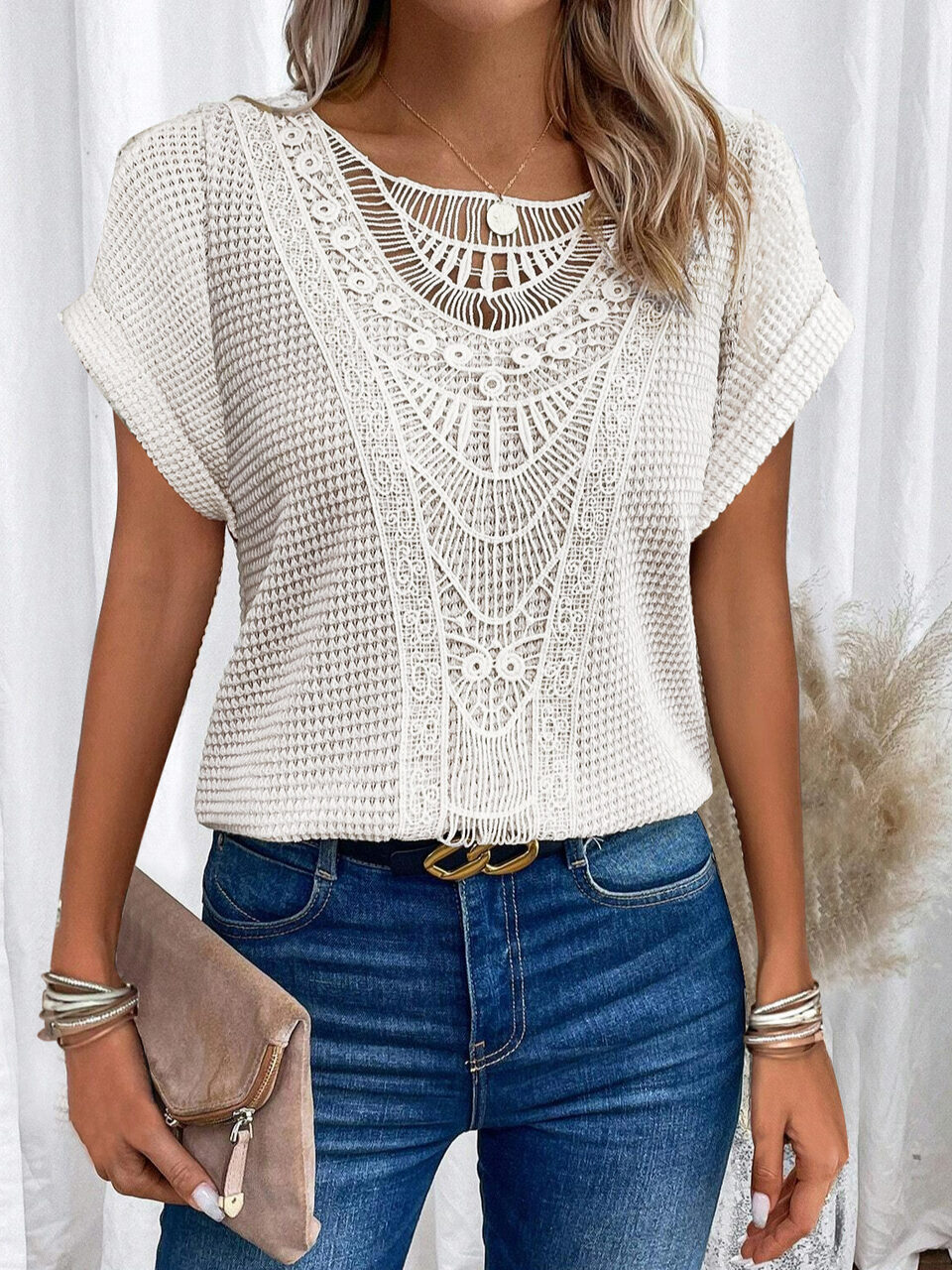 Summer Hollow Out Short-sleeved T-shirt Fashion Ethnic Style