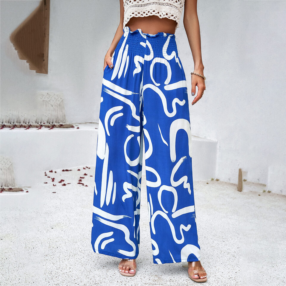 Elegant Printed Trousers Summer Loose Elastic High Waist