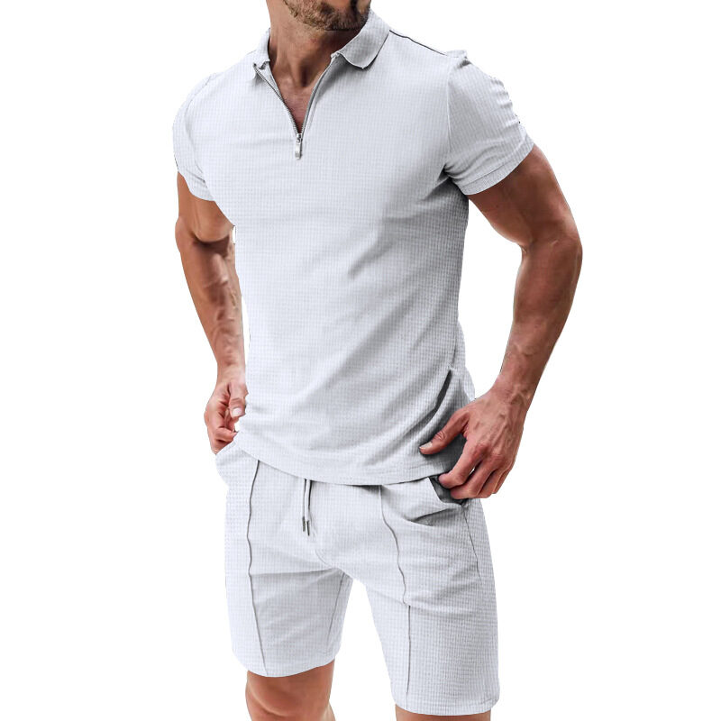 2Pcs Casual Waffle Suit Summer Zipper Lapel Short-sleeved