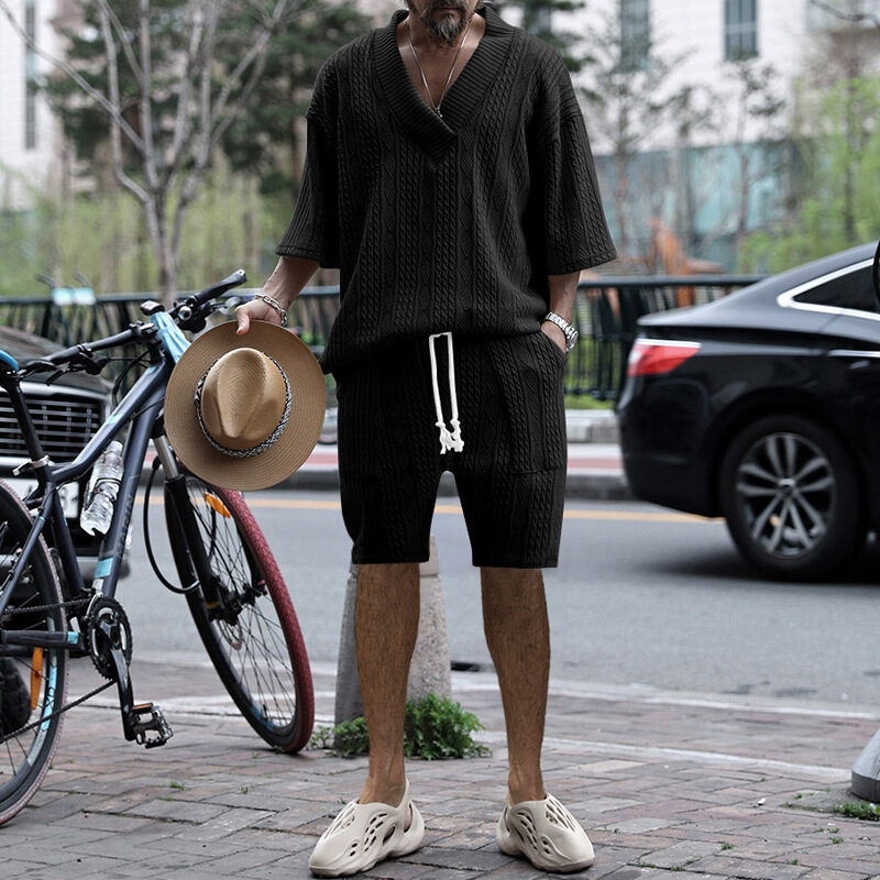 Casual Jacquard Suits Summer V-neck Short-sleeved T-shirt