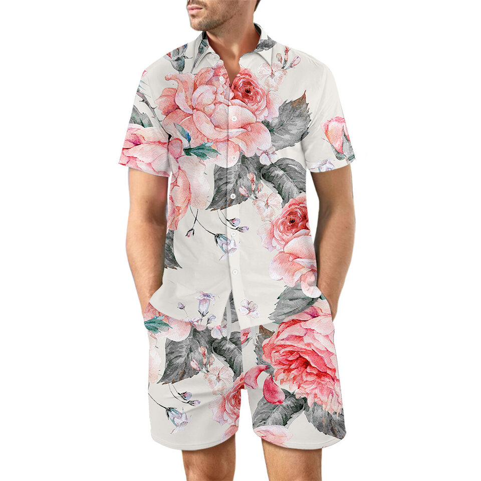 2Pcs Printed Beach Shirt Summer Suit Loose Lapel