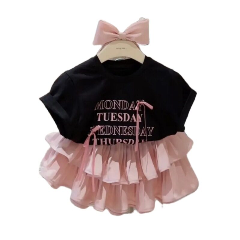 Girls' Pleated Skirt Western Style Letter T-shirt Two-piece