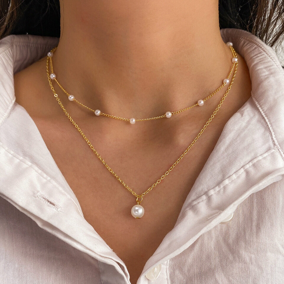 Fashion Jewelry Women's Pearl Tassel Pendant Double-layer Necklace