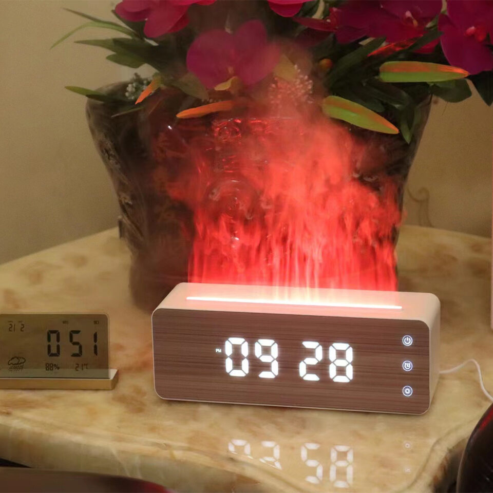 Flame Humidifier Aromatherapy Machine With Clock Display Desktop