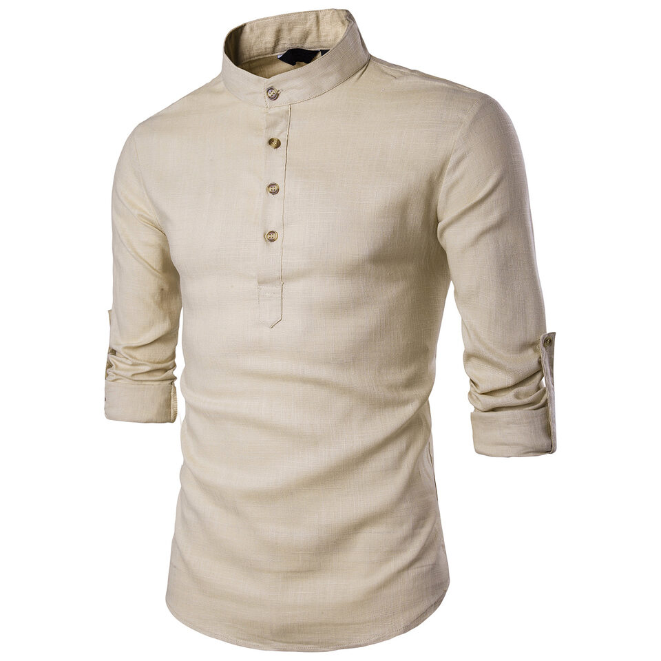 Men casual Shirt Cotton Linen Blended Mandarin Collar