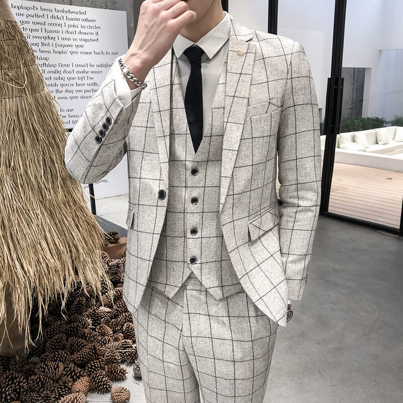 Slim Fit Suit Men's Plaid Three-piece