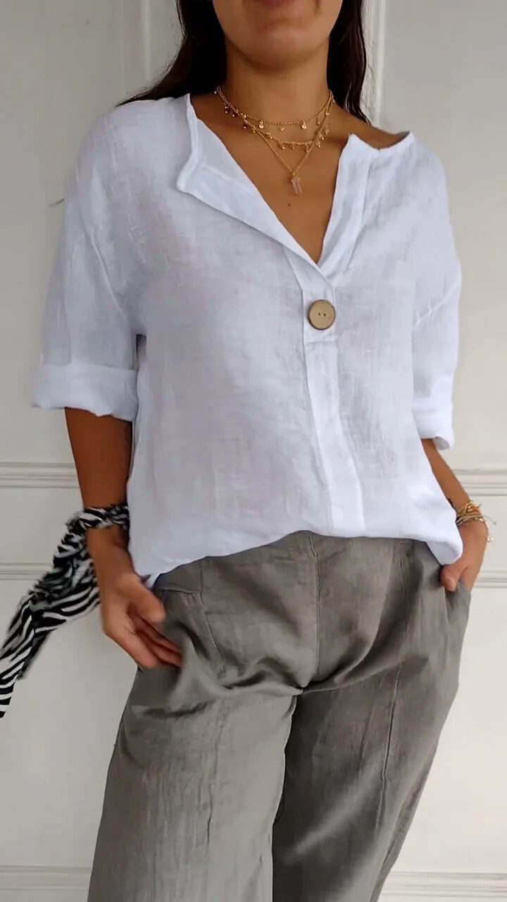 V-neck Long-sleeved T-shirt Fashion Loose Cotton And Linen