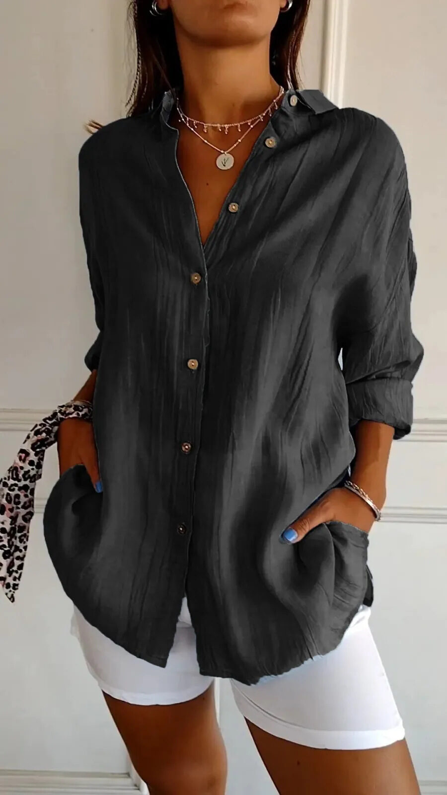 Lapel Long Sleeve Shirt Women's Single-breasted Pleated Tops