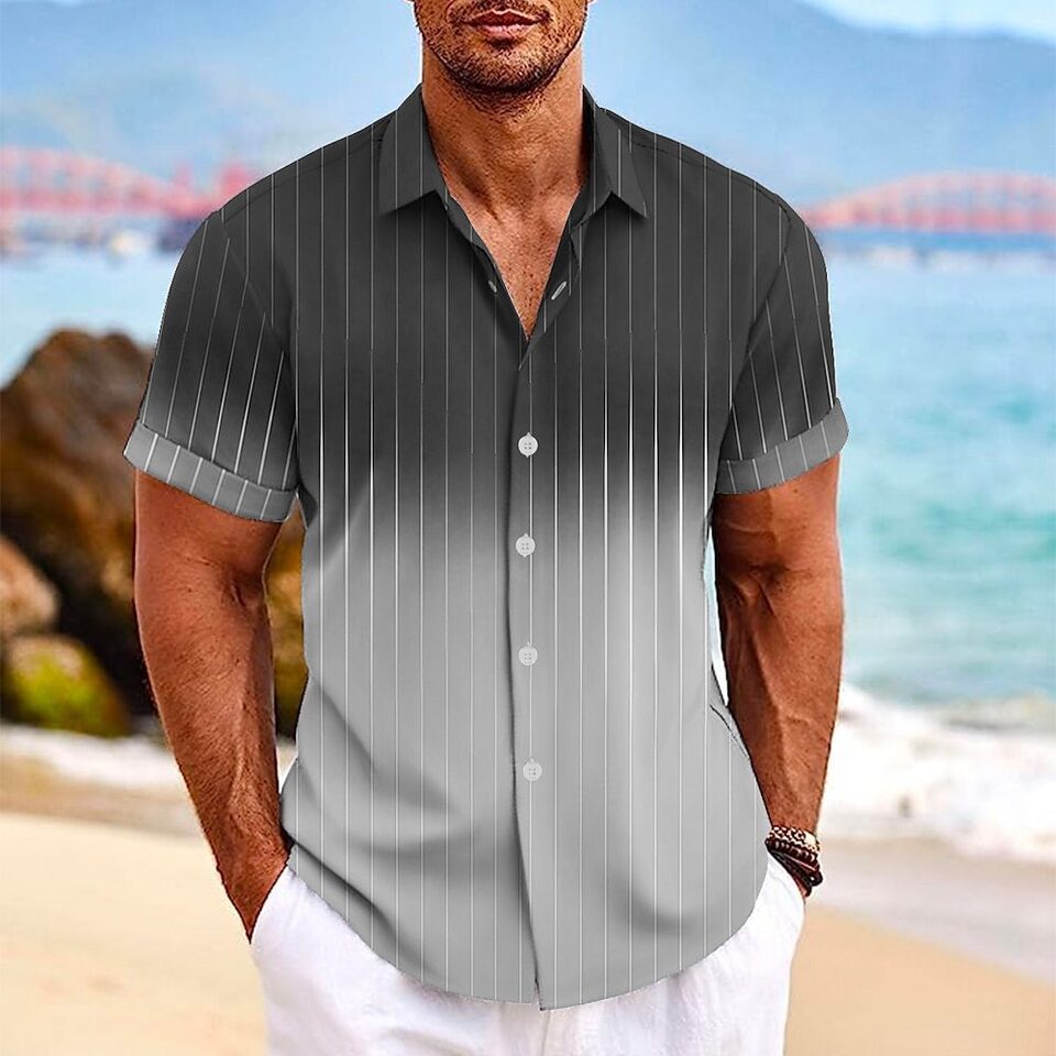 Lapel Button Short-sleeved Shirt Summer Fashion Gradient Striped