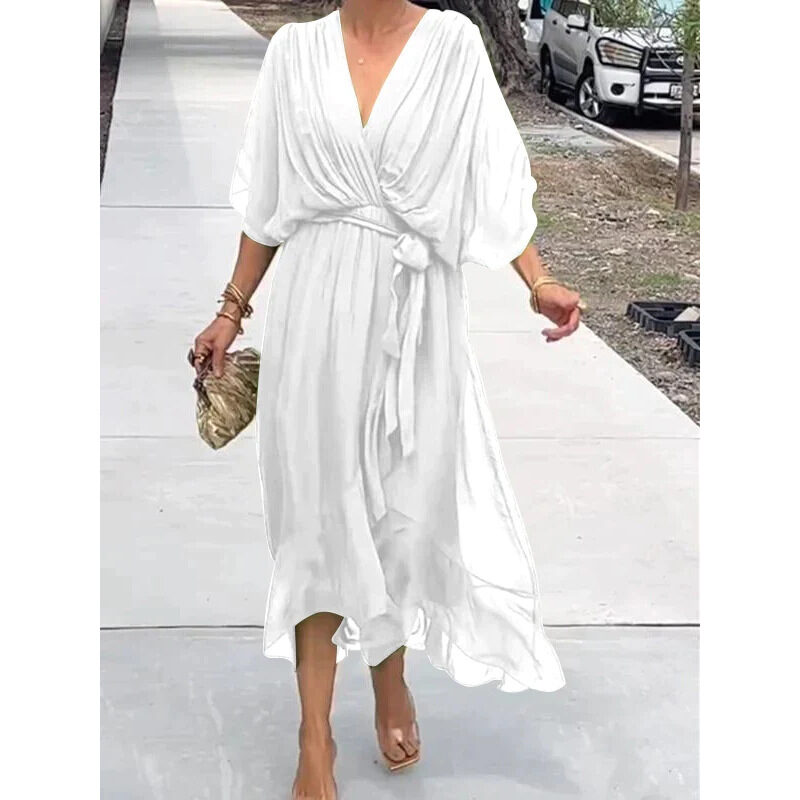 Batwing Sleeve V-neck Dress Summer Pure Color Tied