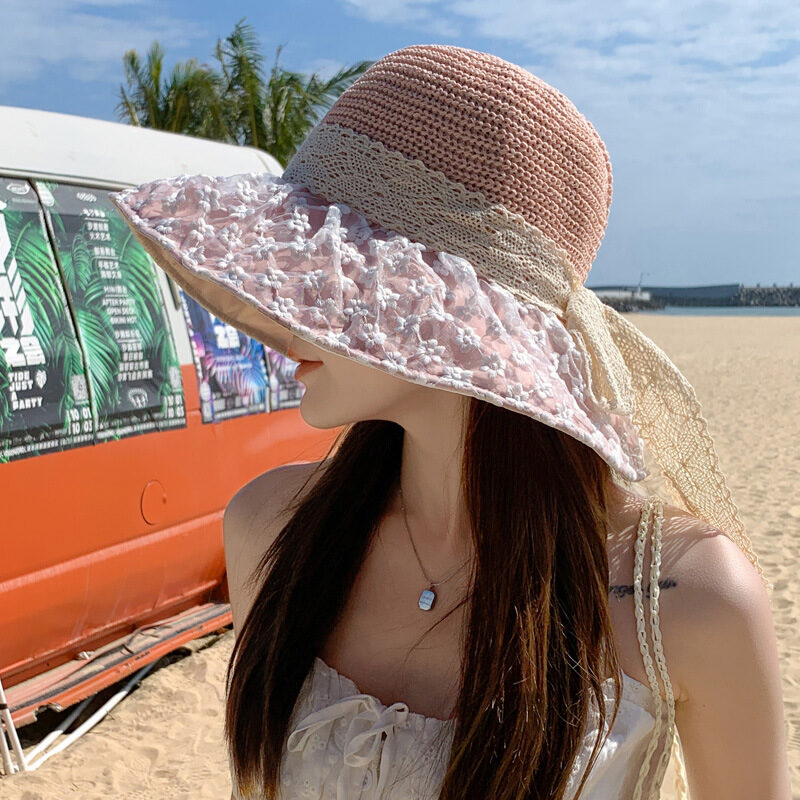 Lace Bow Straw Fisherman Hat Summer Outdoor Sunhat