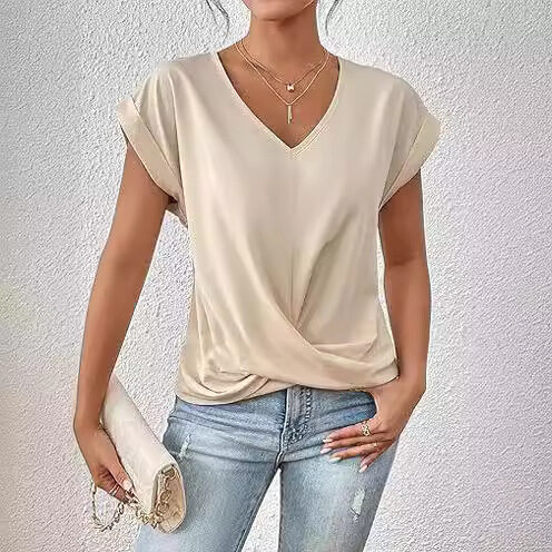 Fashion V-neck Short-sleeve T-shirt Summer Casual Irregular Knot