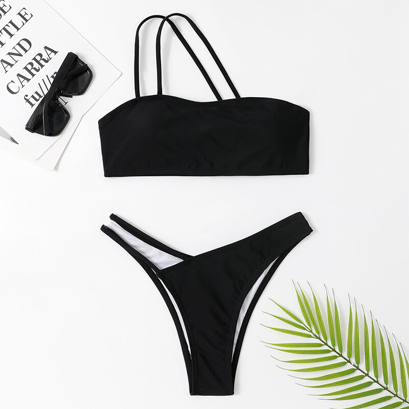 Sexy One-shoulder Bikini Set Summer Solid Color Swimsuit