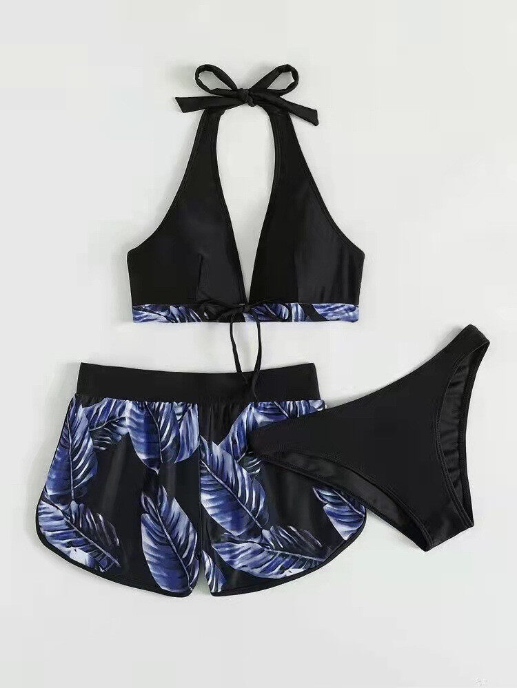 3pcs Leaf Print Bikini With Shorts Fashion Summer