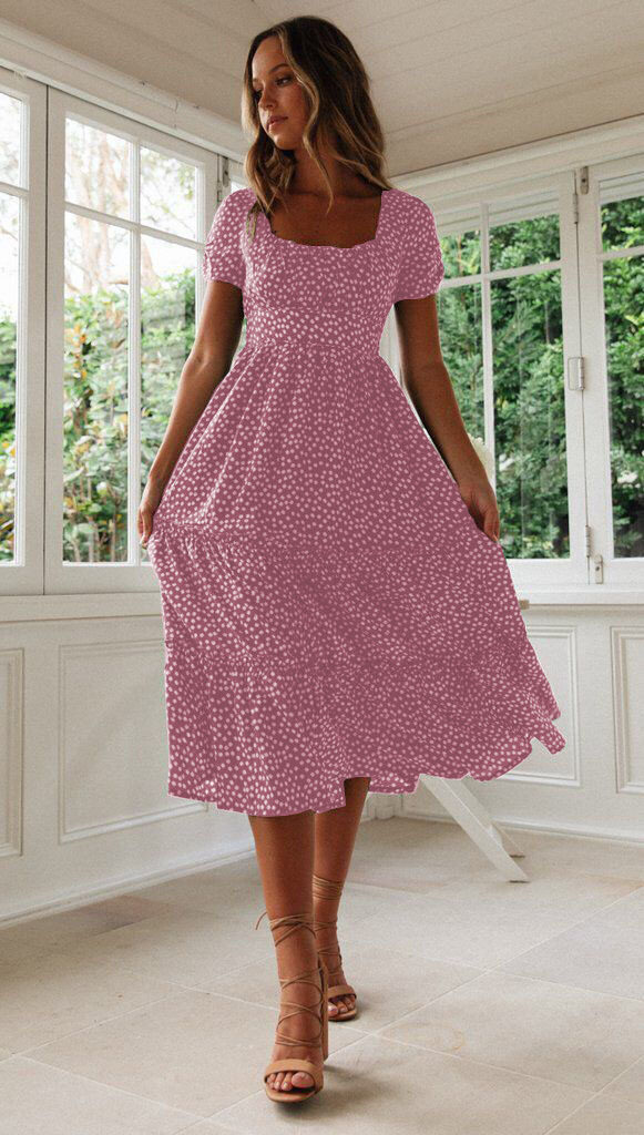 Square Collar Short Sleeve Dress Summer Puff Floral