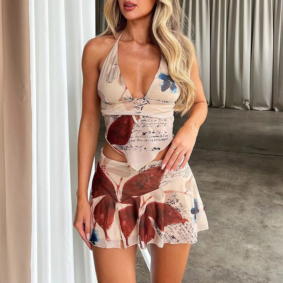 2Pcs Printed Suit Summer Sexy V-neck Halter Top