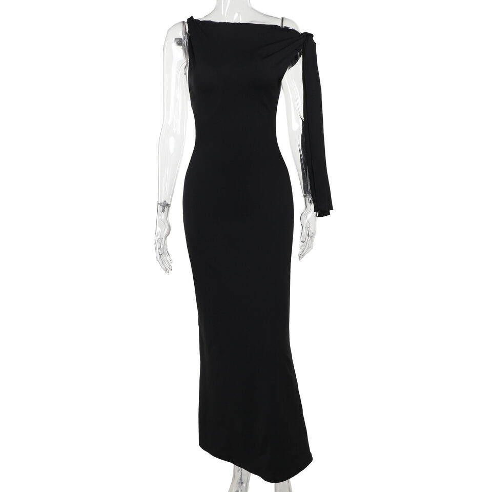 One-shoulder Ribbon Long Dress Ins Fashion Slim Sleeveless