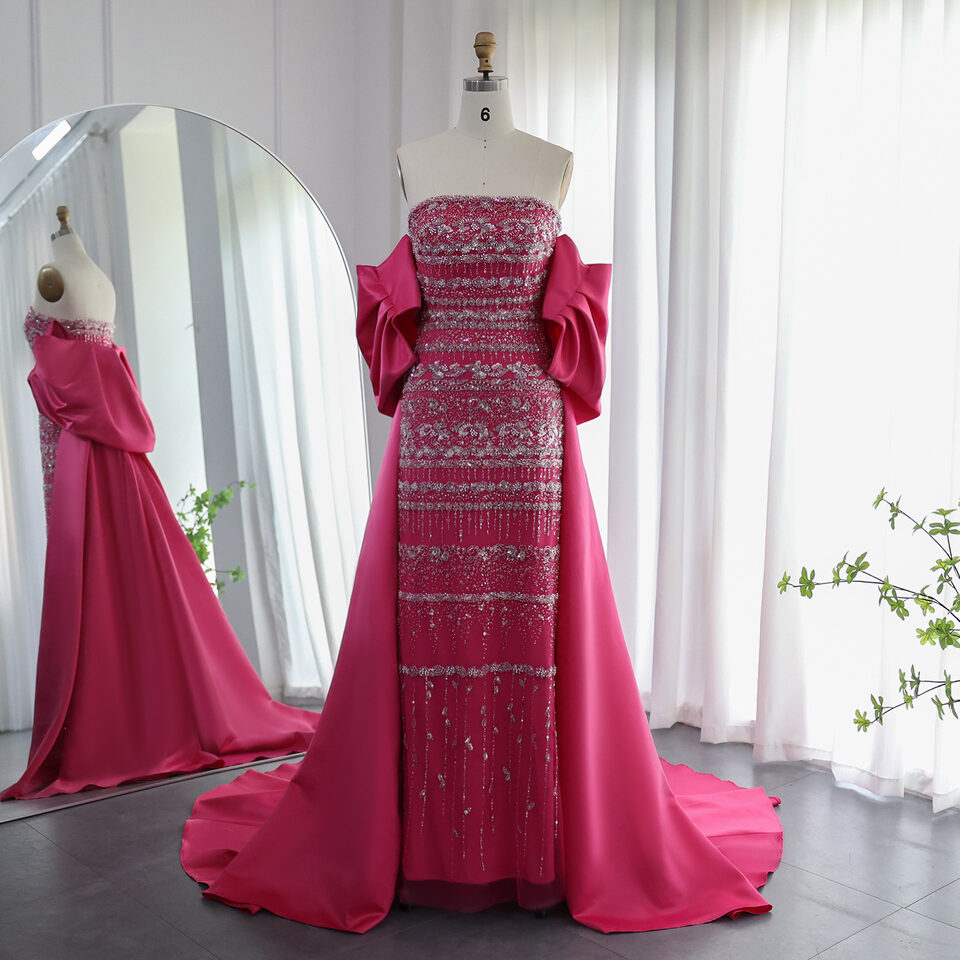 Tube Top Heavy Industry Beads Off-shoulder Satin Trailing