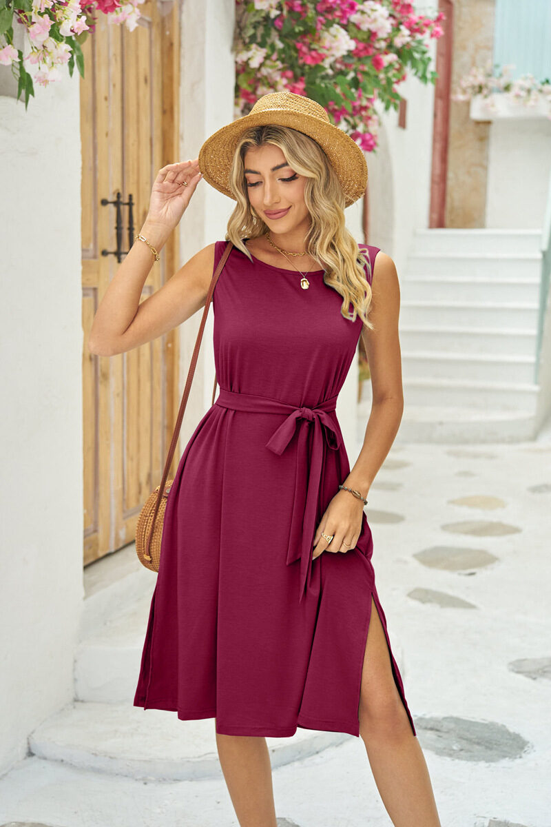 Summer Sleeveless Dress With Pockets Waist Lace-up Slits