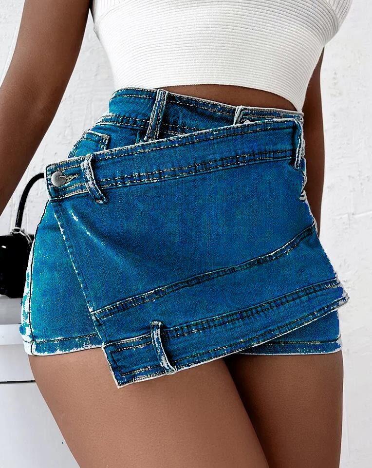 Y2K Street Vintage Denim Shorts Stretch Overlap Waist