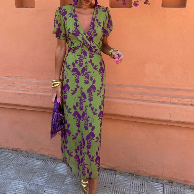 Summer V-neck Short-sleeved Dress Fashion Flowers Printed Slim