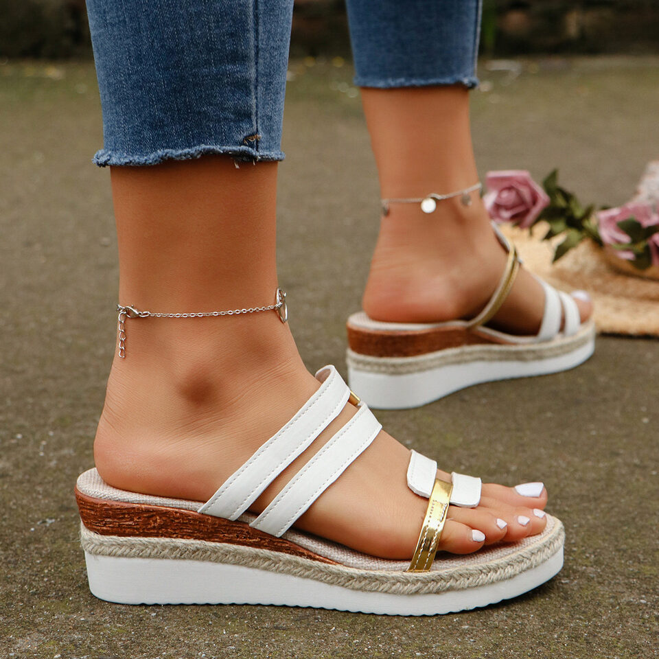 Colorblock-strap Wedges Sandals Summer Fashion Hemp Heel Slides