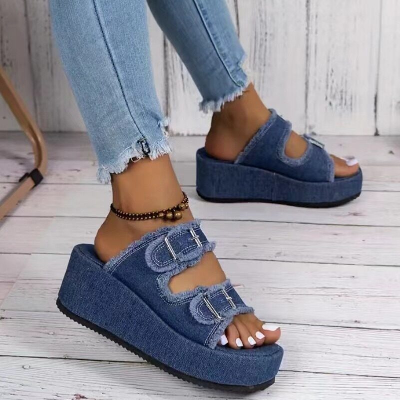 Fashion Denim Buckle Wedges Sandals Summer Outdoor High