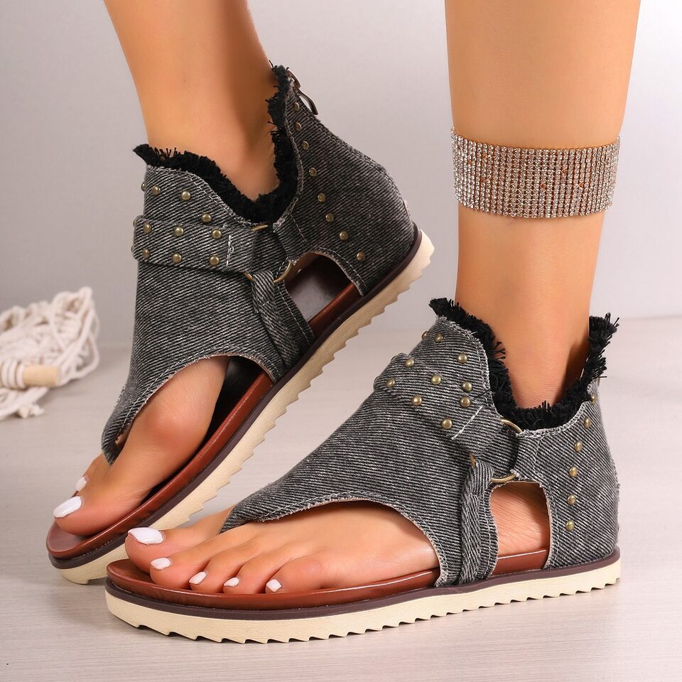 Denim Thong Sandals With Rear Zipper Summer Retro