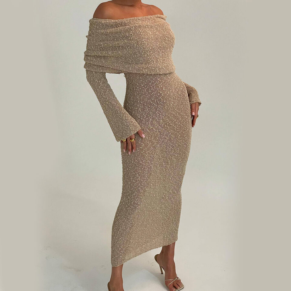New One-shoulder Knitted Long-sleeved Dress Sexy Beach Holiday