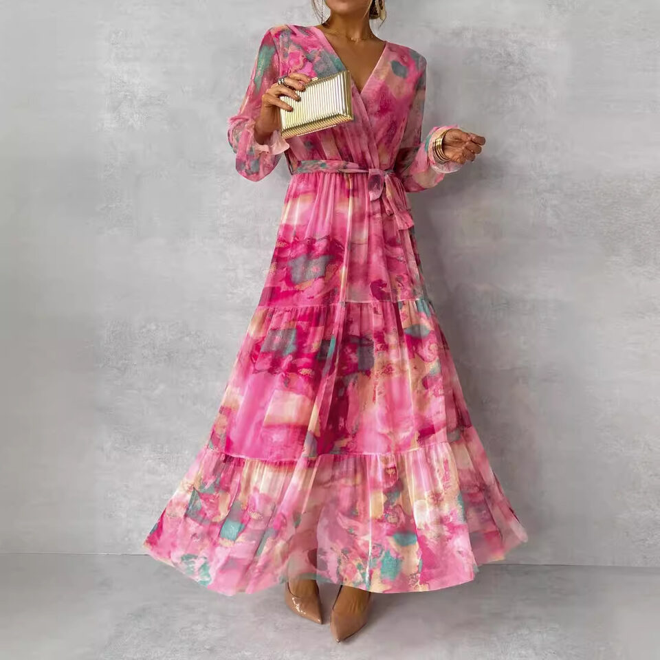 Long-sleeved Floral Print Dress Elegant V-neck Pleated High-waisted