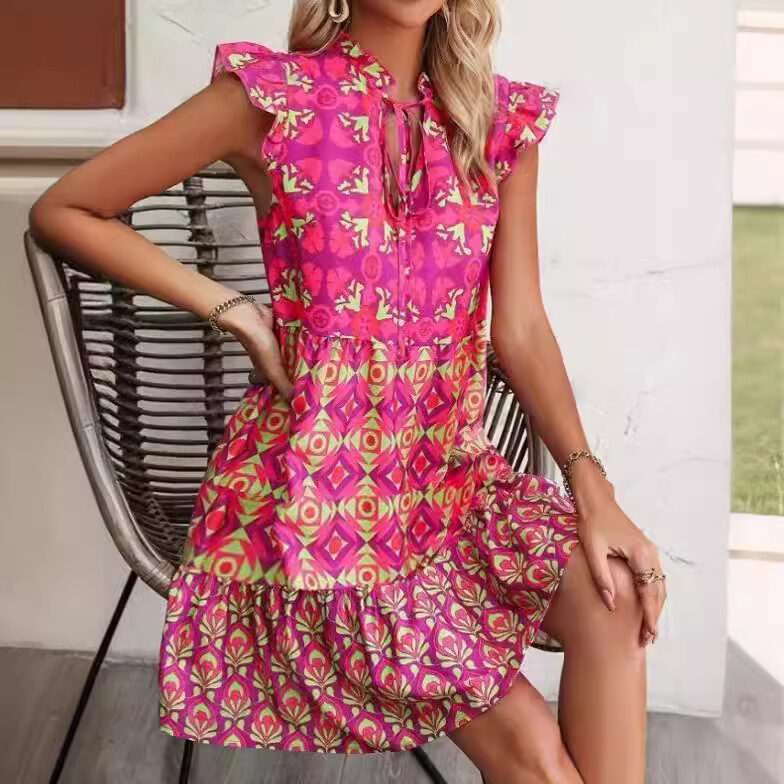 Printed Sleeveless Dress Summer Fashion V-Neck Lace-up Straight