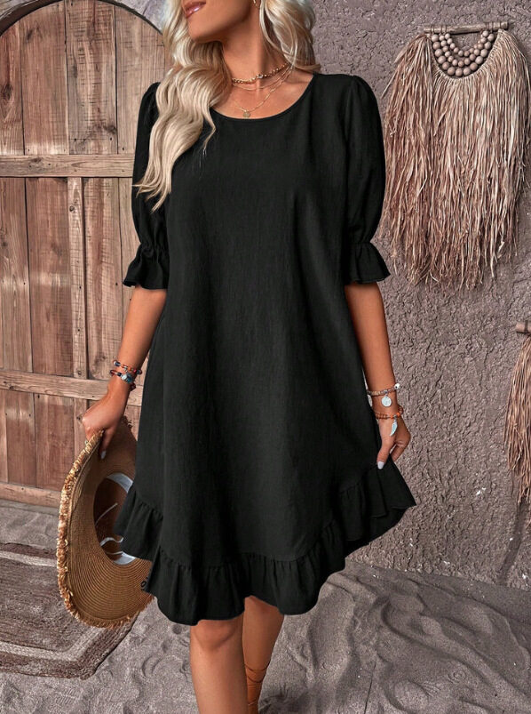 Fashion Ruffle Short-sleeved Dress Summer Solid Color Round