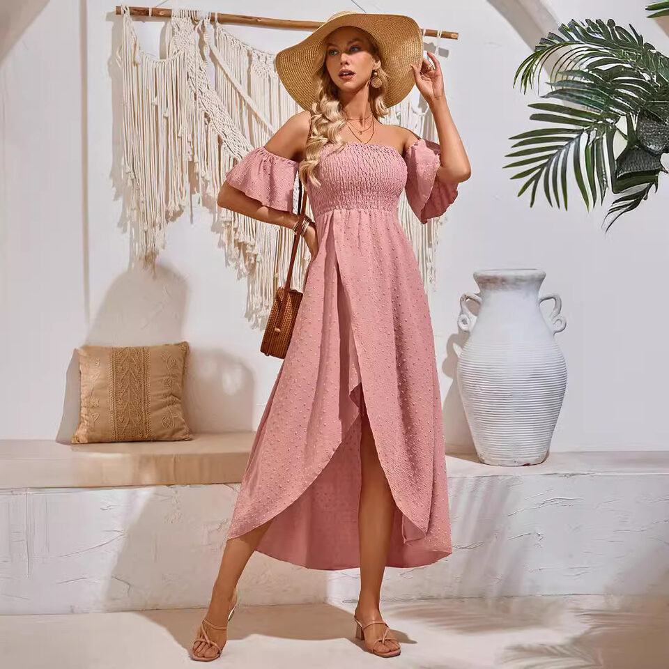 Sexy Off-shoulder Slit Dress Summer Fashion Pleated Ruffle