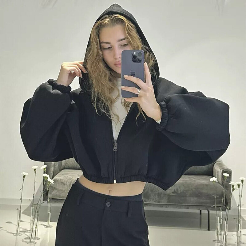 Casual Solid Color Hooded Short Jacket Y2K Fashion