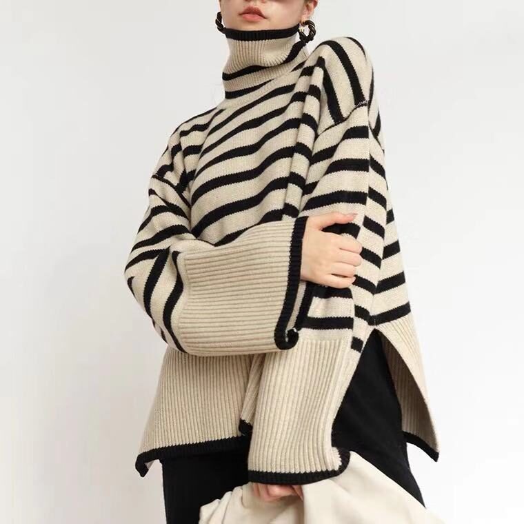 Fashion Striped Turtleneck Sweater Casual Loose Slit Design