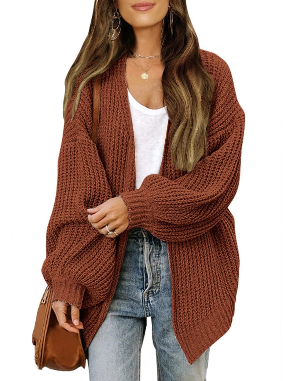 Fashion Lantern-sleeved Sweater With Pockets Casual Loose Solid