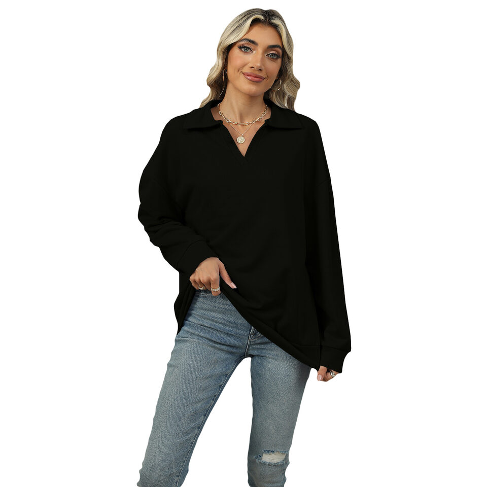 New Lapel V-neck Sweatshirt Fashion Casual Loose Solid
