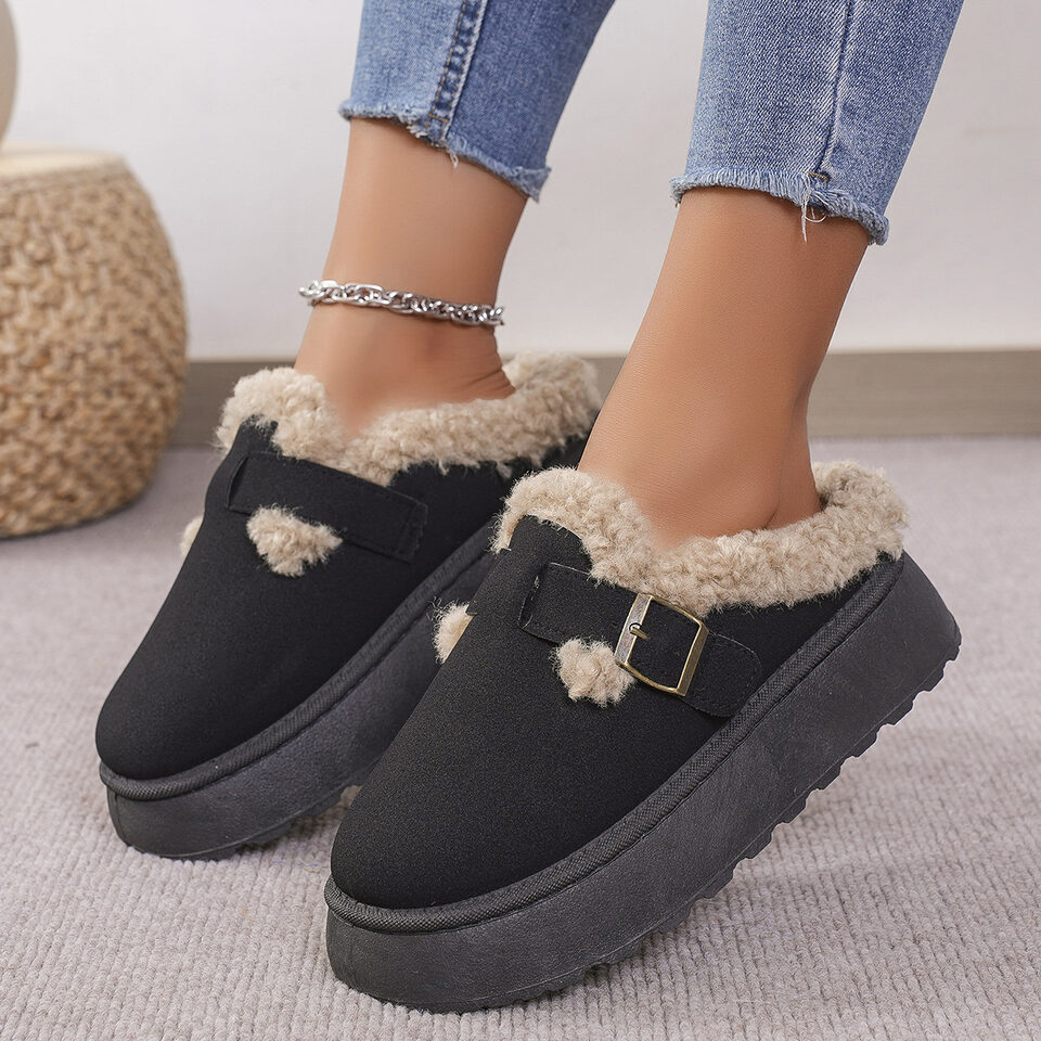 Fashion Thick-soled Plush Buckle Cotton Slippers Winter Indoor
