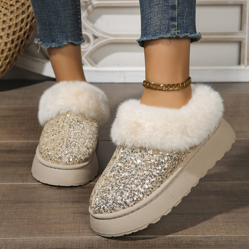Fashion Sequined Thick-soled Plush Shoes Winter Indoor