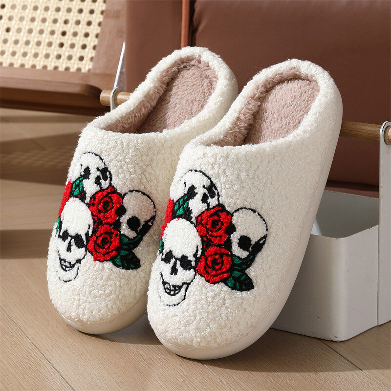 Halloween Skull Rose Slippers Winter Warm Indoor Floor