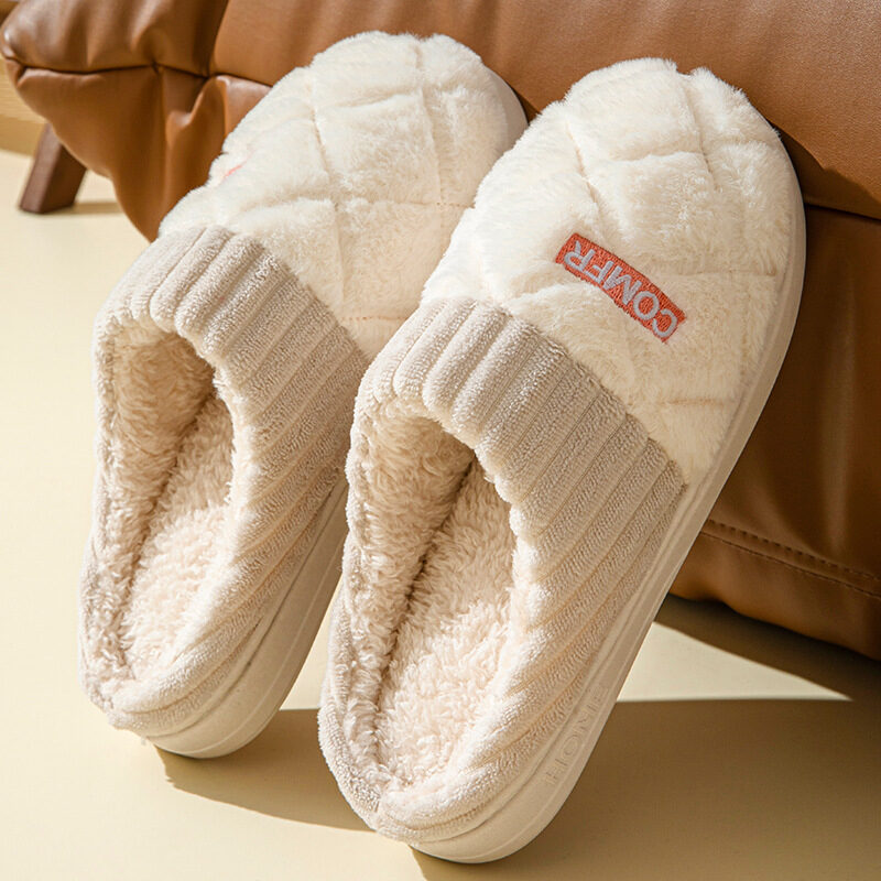 Solid Rhombic Letter Home Slippers Winter Warm Non-slip