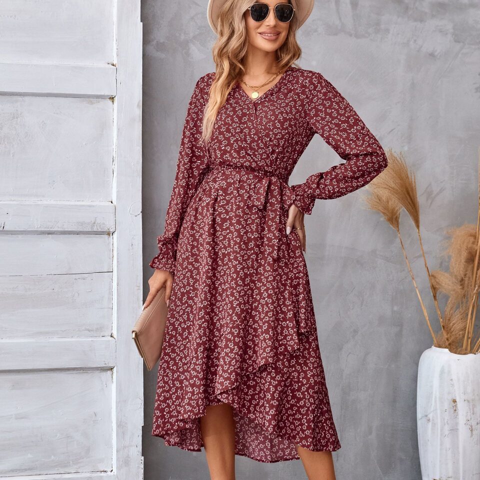 Flowers Print Long Sleeve Dress Fashion Ruffled Commuter