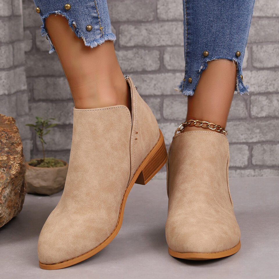 Chunky Heel Pointed Toe Ankle Boots With V-cut