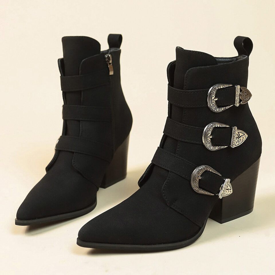 Chunky Heel Pointed Toe Boots With Belt Buckle
