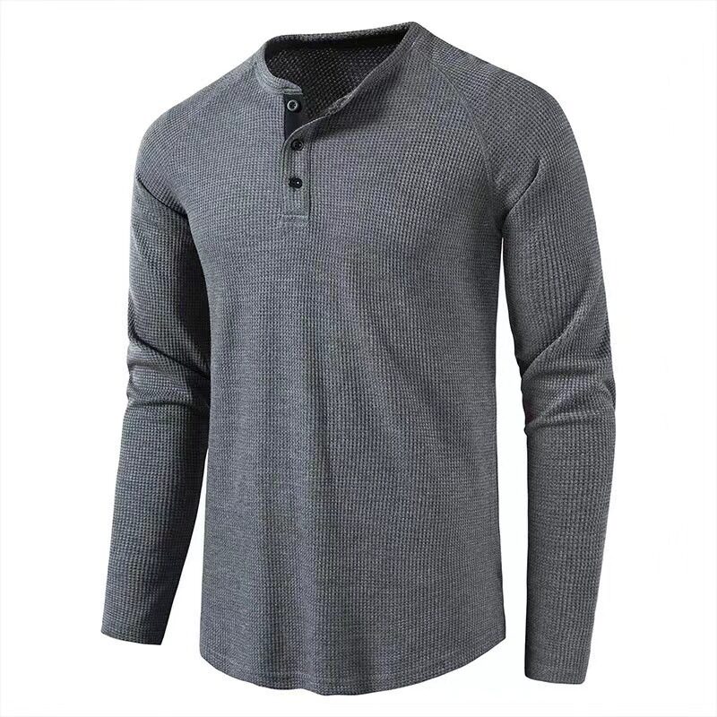 Classic Waffle Henley Tshirt Men New Crew Neck