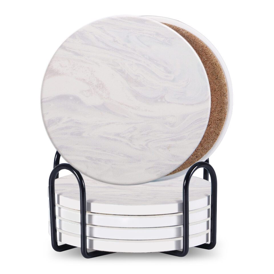 Set Of 6 Beverage Coasters With Stand Round