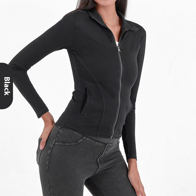 Slim Zippered Yoga Denim Jacket With Pockets High